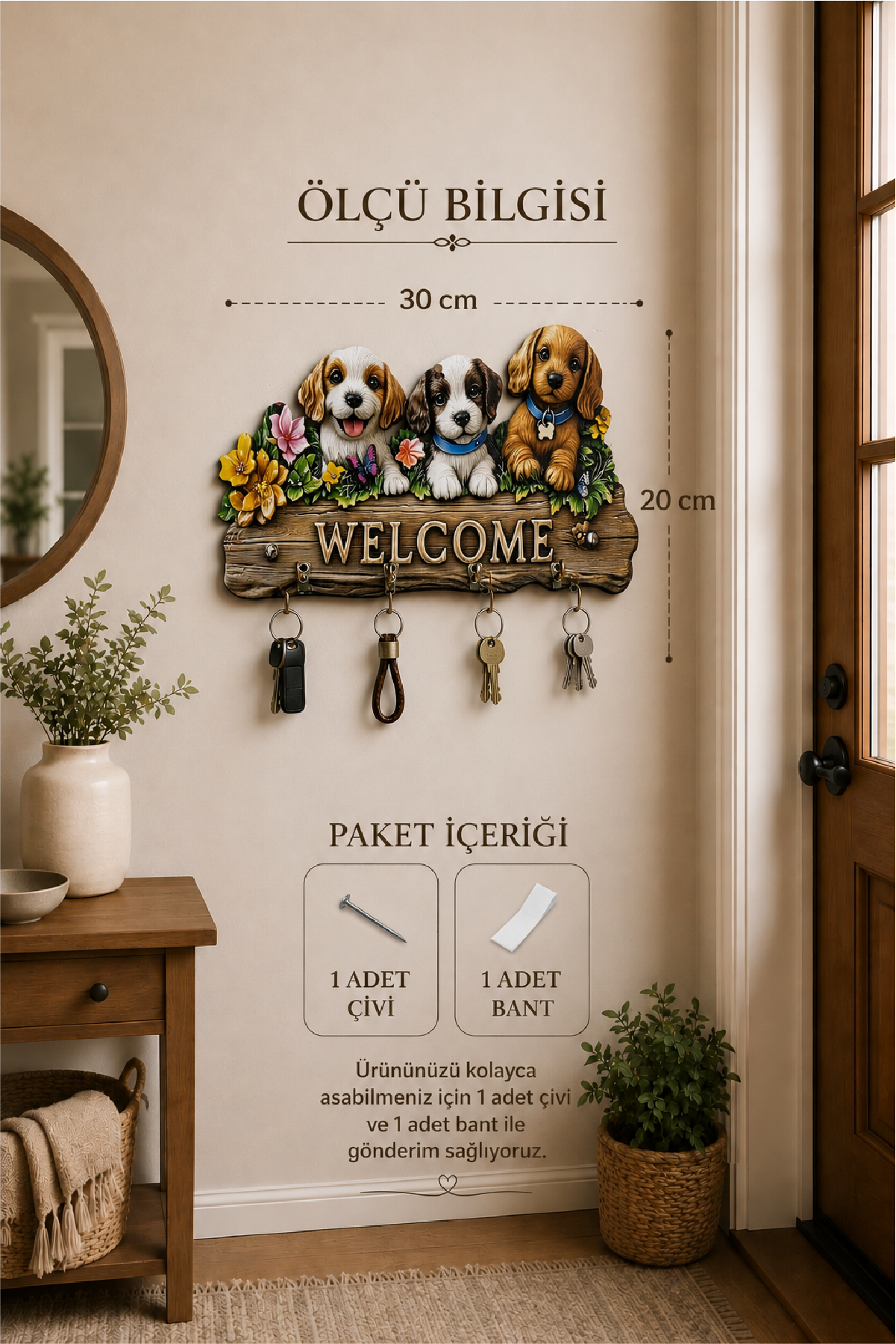 Sevimli Köpekler Welcome Dekoratif Duvar Askılı Anahtarlık