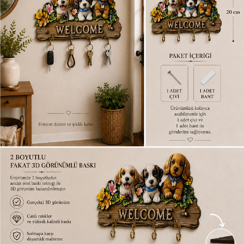 Sevimli Köpekler Welcome Dekoratif Duvar Askılı Anahtarlık
