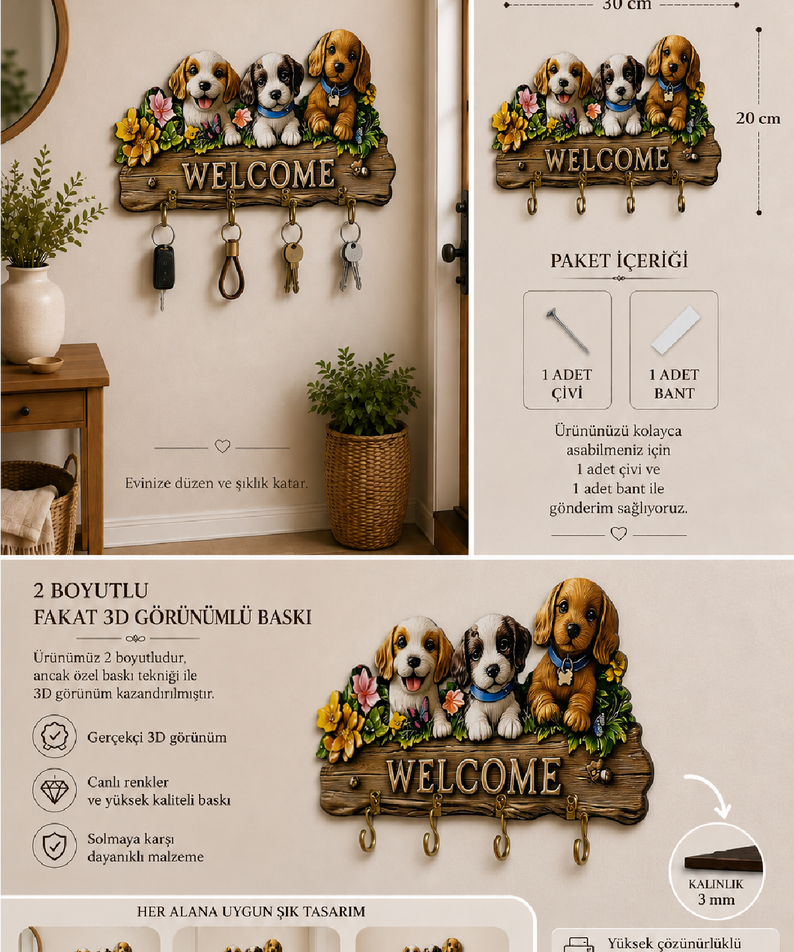 Sevimli Köpekler Welcome Dekoratif Duvar Askılı Anahtarlık