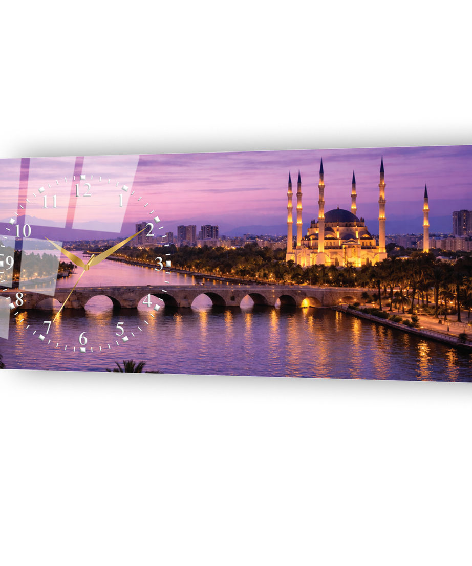 Adana Taşköprü Temalı Temperli Saatli Cam Tablo