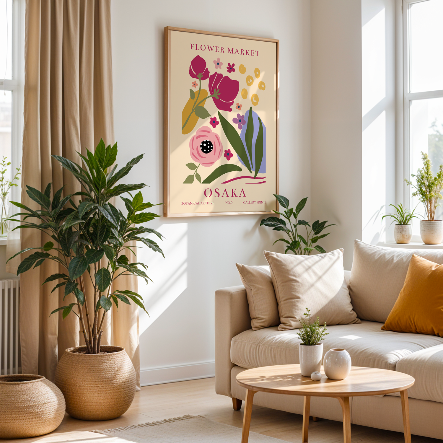 Flower Market Osaka Serisi Tek Parça Doğal Ahşap Çerçeveli Tablo
