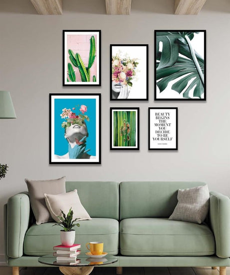 Sanatsal Kadın Yeşil Çiçek Ve Kaktüs Temalı Tablo Seti