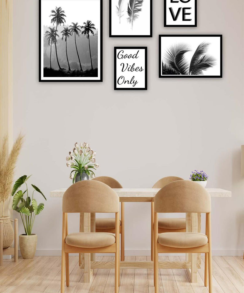 5 Parça Siyah Beyaz Yaprak Siyah Çerçeve Görünümlü Tablo Seti