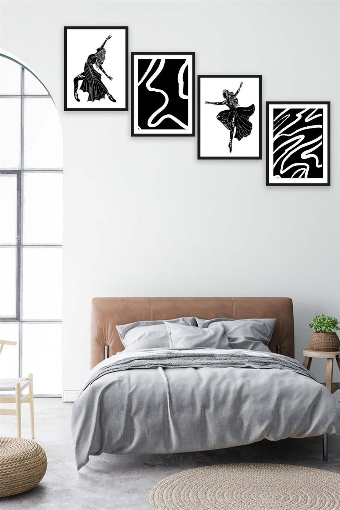 4 Parça Siyah Beyaz Dans Siyah Çerçeve Görünümlü Tasarım Uv Baskı Mdf Tablo Seti