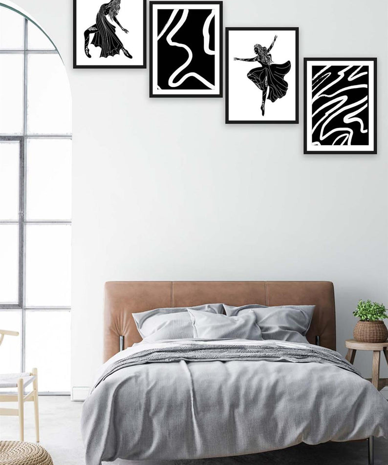 4 Parça Siyah Beyaz Dans Siyah Çerçeve Görünümlü Tasarım Uv Baskı Mdf Tablo Seti