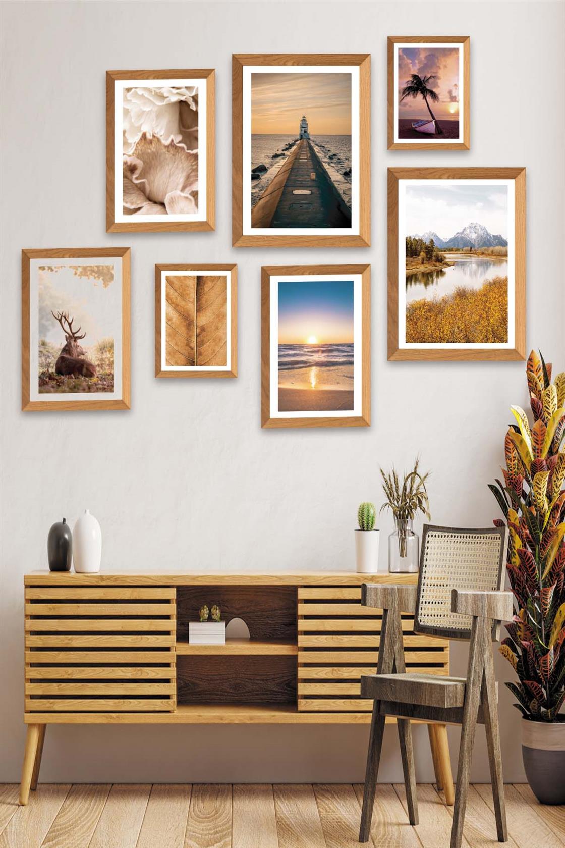 Deniz Feneri Manzara Ve Geyik Temalı Ahşap Çerçeve Görünümlü Tablo Seti