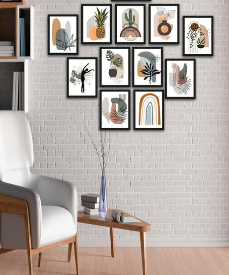 12 Parça Bohem Tarzda Sanatsal Siyah Çerçeve Görünümlü Uv Baskı Mdf Tablo Seti