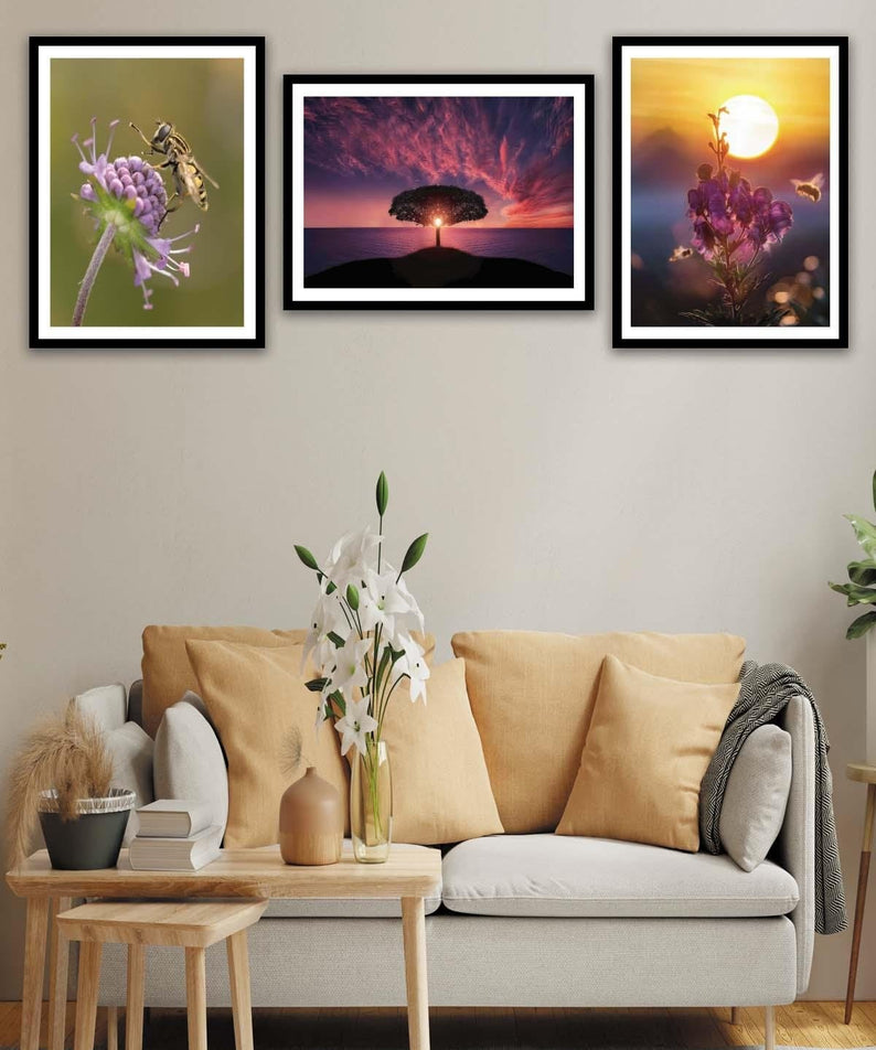 Arı Ve Çiçek Temalı Siyah Çerçeve Görünümlü Tablo Seti