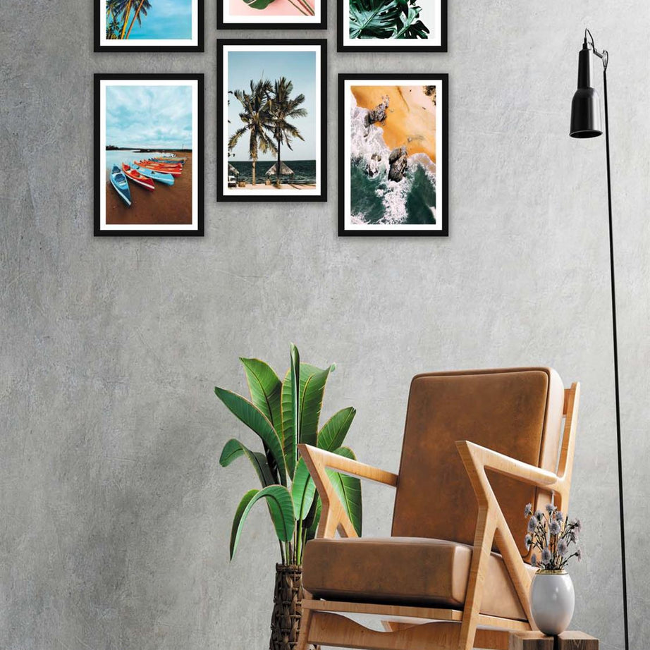 6 Parça Modern Tarzda Manzara Fotoğraflı Siyah Çerçeve Görünümlü Dijital Baskı Tablo Seti