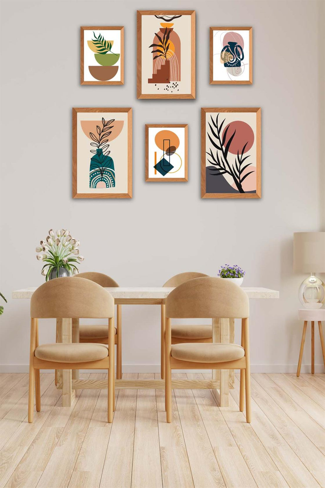 6 Parça Ahşap Çerçeve Görünümlü Bohem Tablo Seti