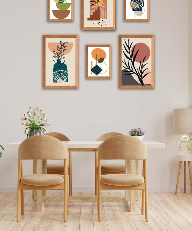 6 Parça Ahşap Çerçeve Görünümlü Bohem Tablo Seti