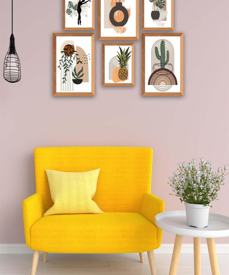 6 Parça Bohem Tarzda Sanatsal Ahşap Çerçeve Görünümlü Uv Baskı Mdf Tablo Seti