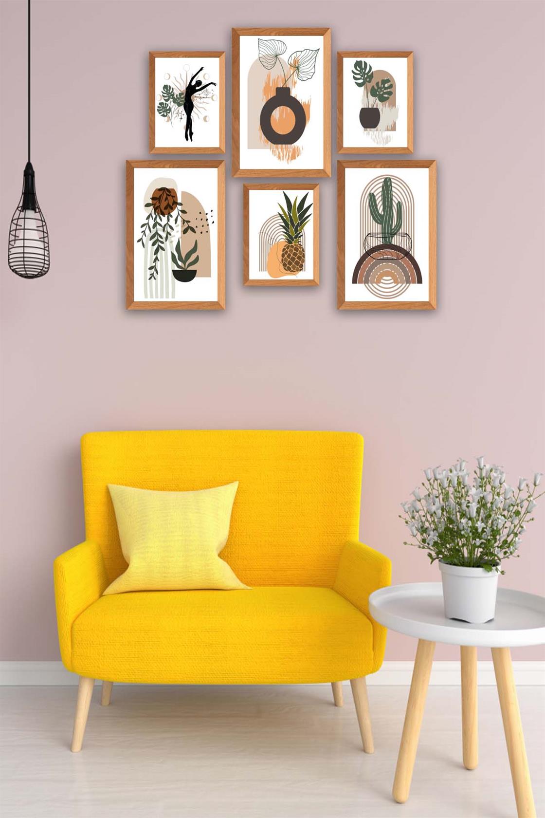 6 Parça Bohem Tarzda Sanatsal Ahşap Çerçeve Görünümlü Uv Baskı Mdf Tablo Seti