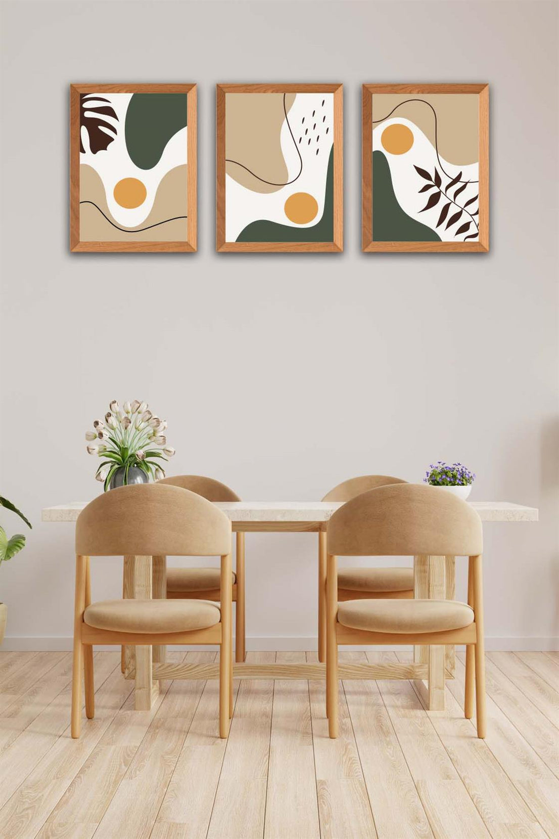 3 Parça Modern Bohem Tarzda Ahşap Çerçeve Görünümlü Uv Baskı Mdf Tablo Seti