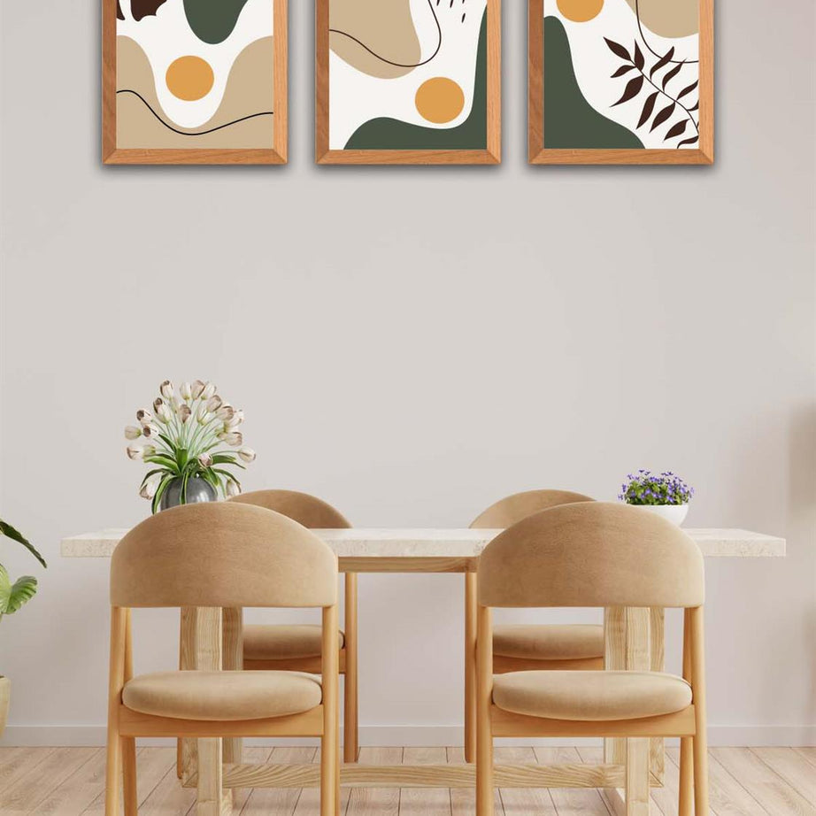 3 Parça Modern Bohem Tarzda Ahşap Çerçeve Görünümlü Uv Baskı Mdf Tablo Seti