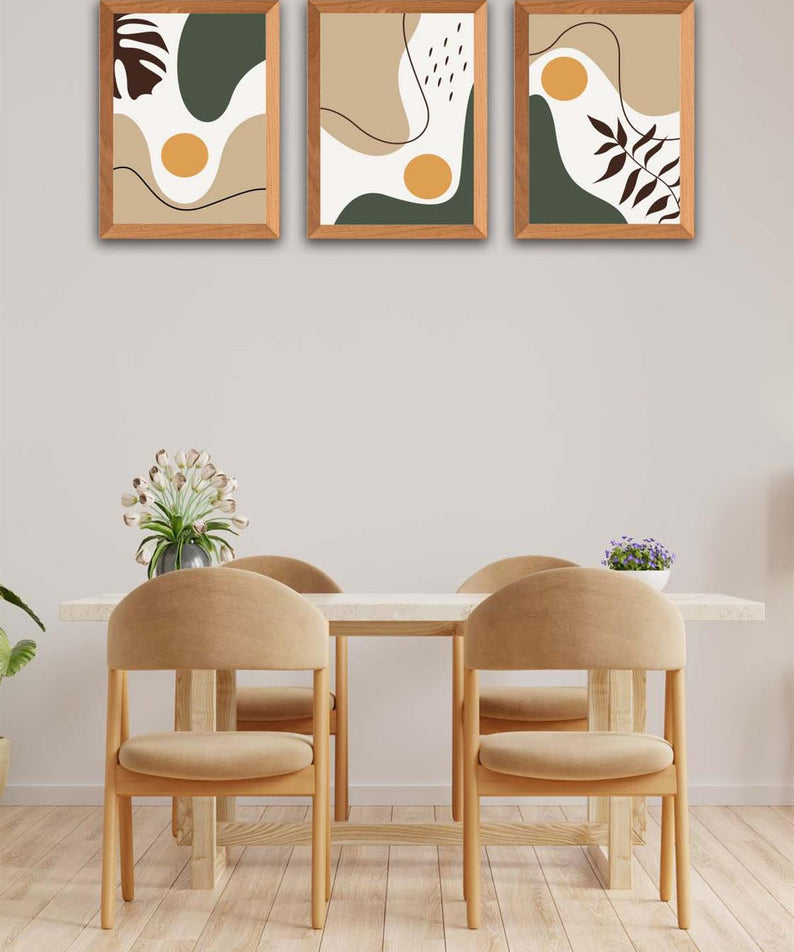 3 Parça Modern Bohem Tarzda Ahşap Çerçeve Görünümlü Uv Baskı Mdf Tablo Seti