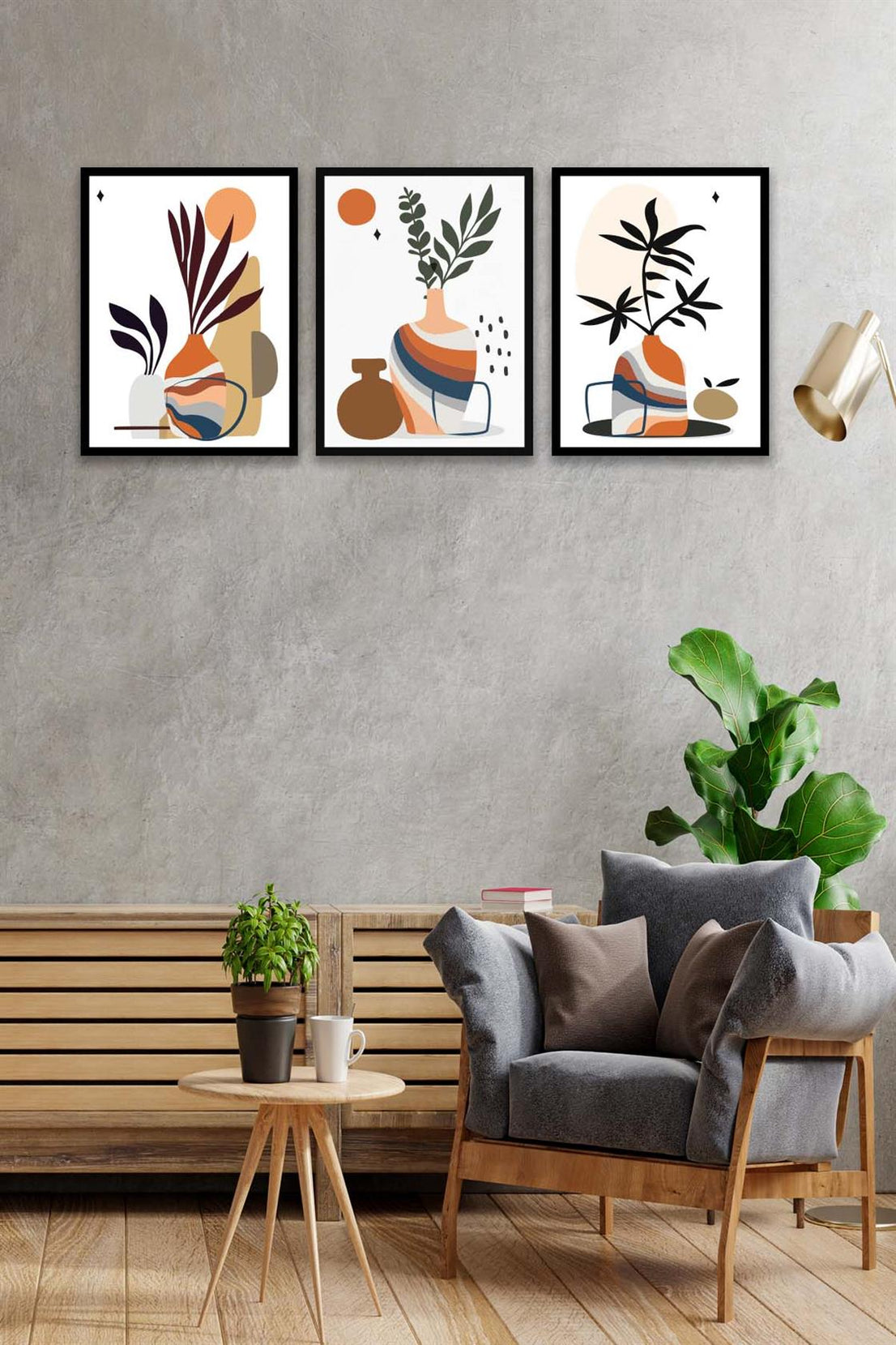 3 Parça Modern Sanatsal Tarzda (Siyah çerçeve görünümlü) Uv Baskı Mdf Tablo Seti