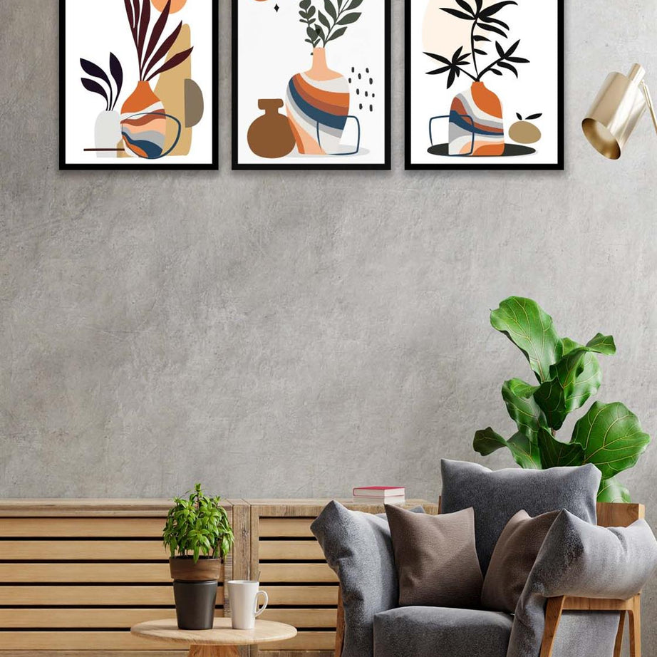 3 Parça Modern Sanatsal Tarzda (Siyah çerçeve görünümlü) Uv Baskı Mdf Tablo Seti