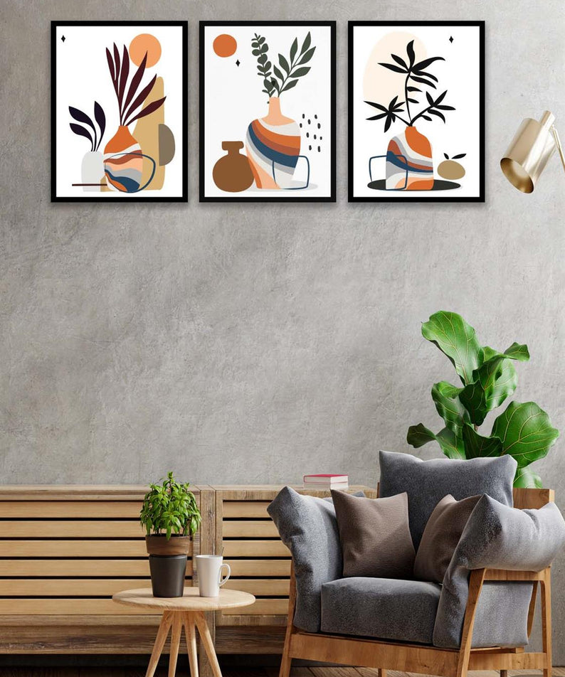 3 Parça Modern Sanatsal Tarzda (Siyah çerçeve görünümlü) Uv Baskı Mdf Tablo Seti