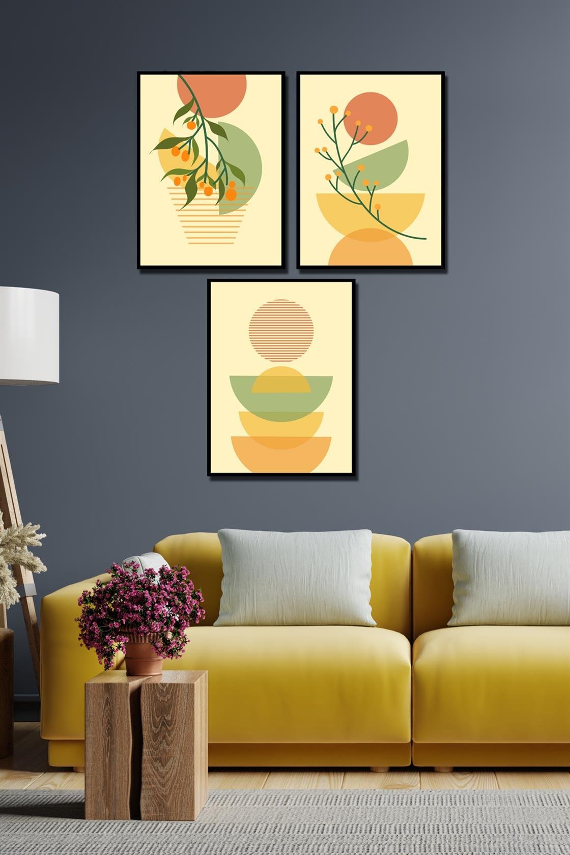 3 Parça sanatsal siyah çerçeve görünümlü tablo seti