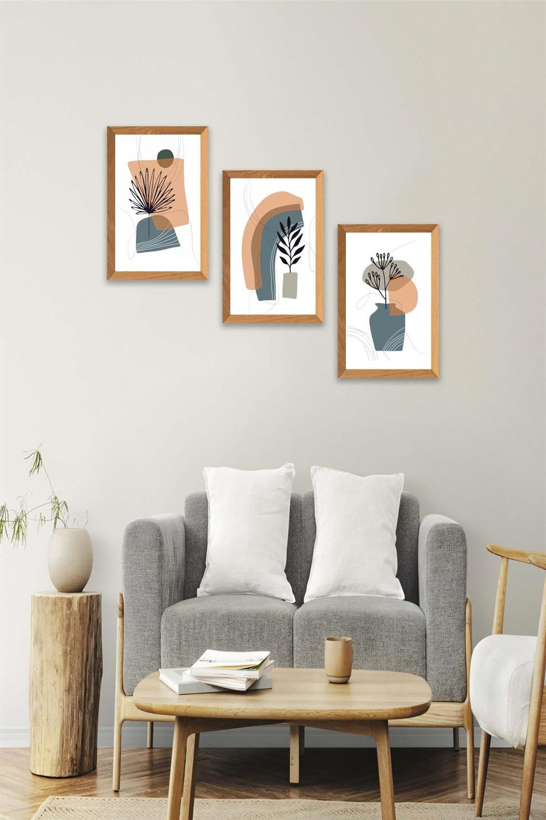3 Parça Bohem Modern Tarzda (Ahşap Çerçeve Görünümlü) Uv Baskı Tablo Seti