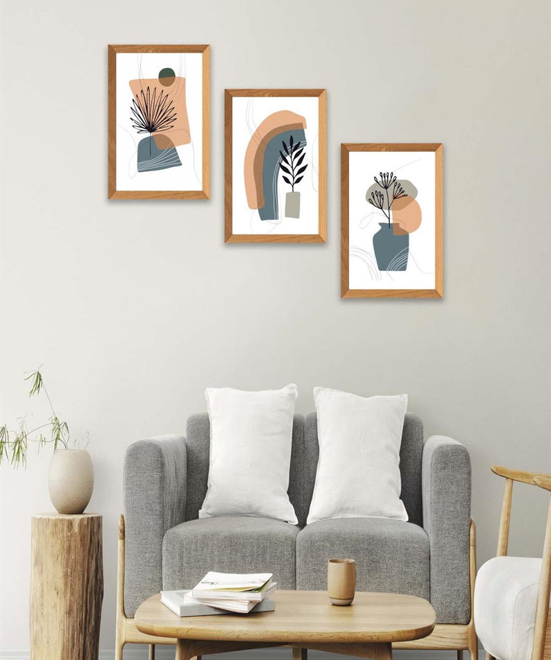 3 Parça Bohem Modern Tarzda (Ahşap Çerçeve Görünümlü) Uv Baskı Tablo Seti