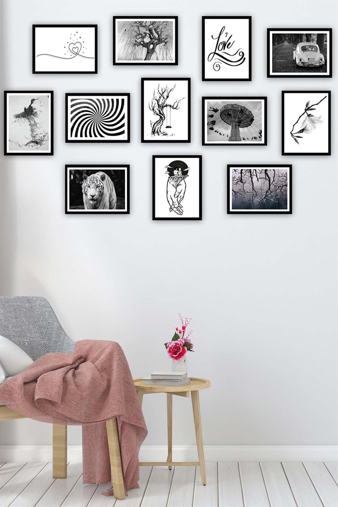 12 Parça Siyah Beyaz Çerçeve Görünümlü Tablo Seti