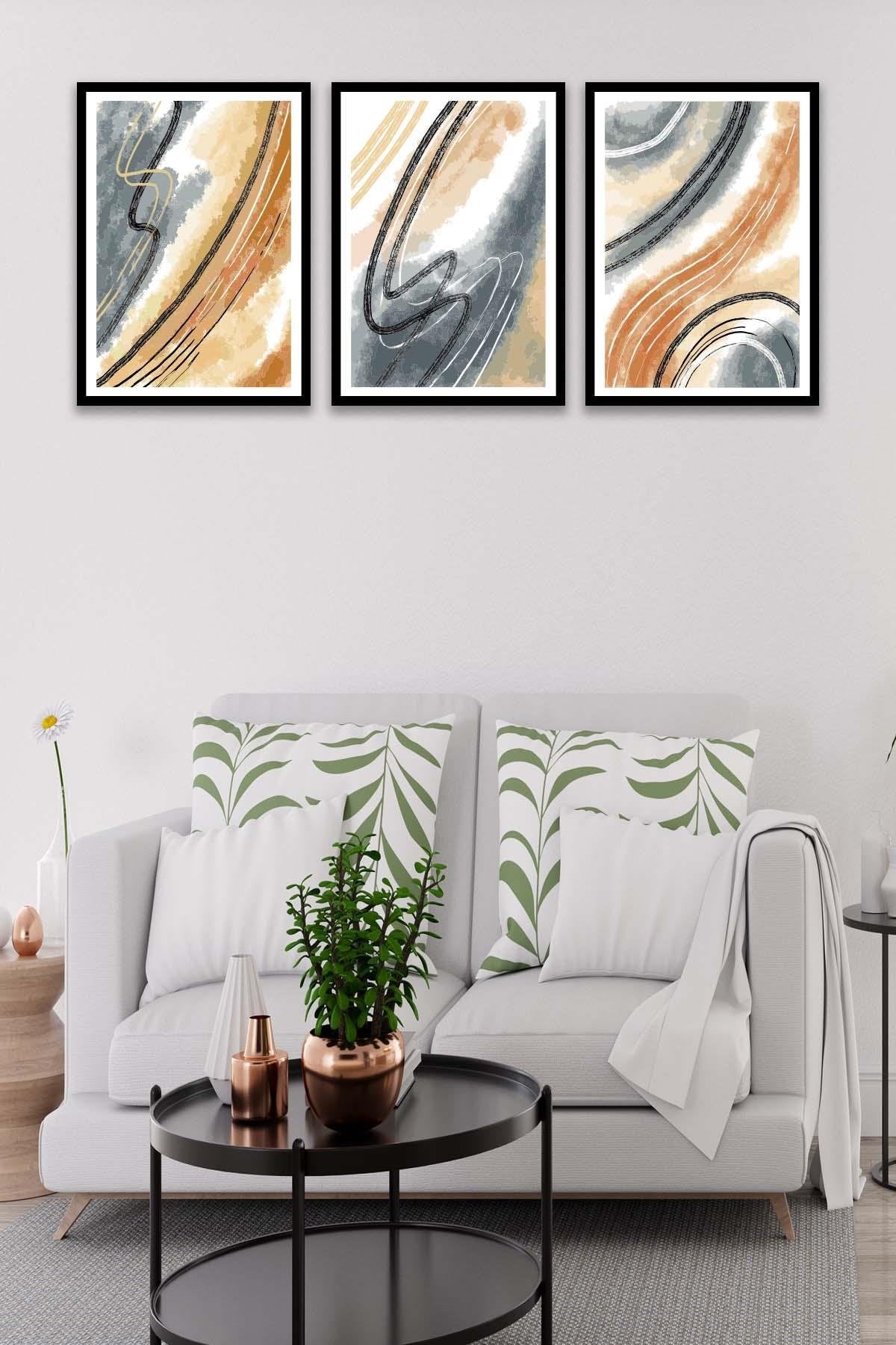 Mermer Deseni Tarzında Siyah Çerçeve Görünümlü Tablo Seti