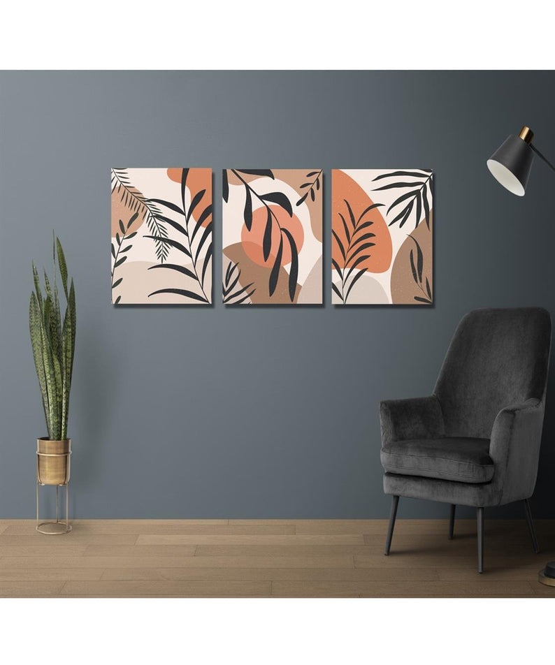 3'lü sanatsal yaprak tasarım tablo seti