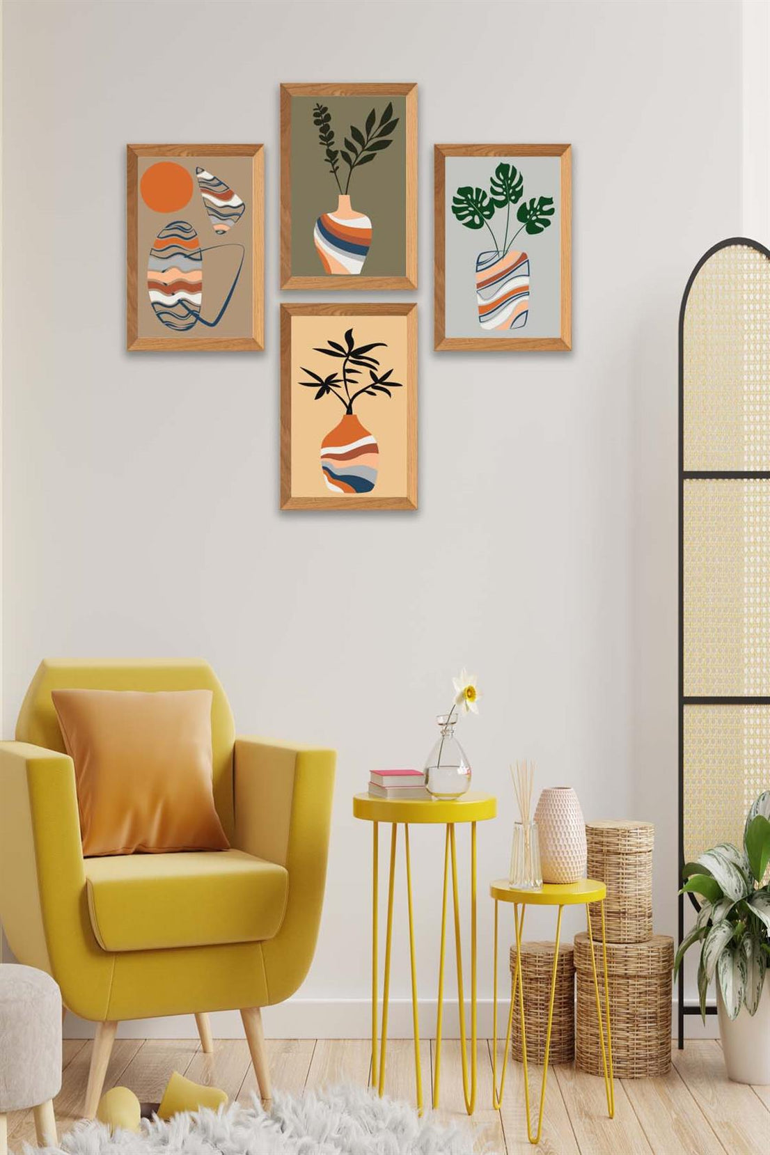 4 Parça Vazo Bohem Tarzında Ahşap Çerçeve Görünümlü Dijital Baskı Tablo Seti