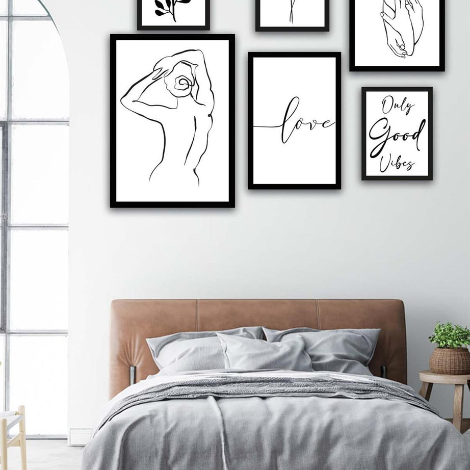 6 Parça Lineart Tarzda Sanatsal Siyah Çerçeve Görünümlü Uv Baskı Mdf Tablo Seti