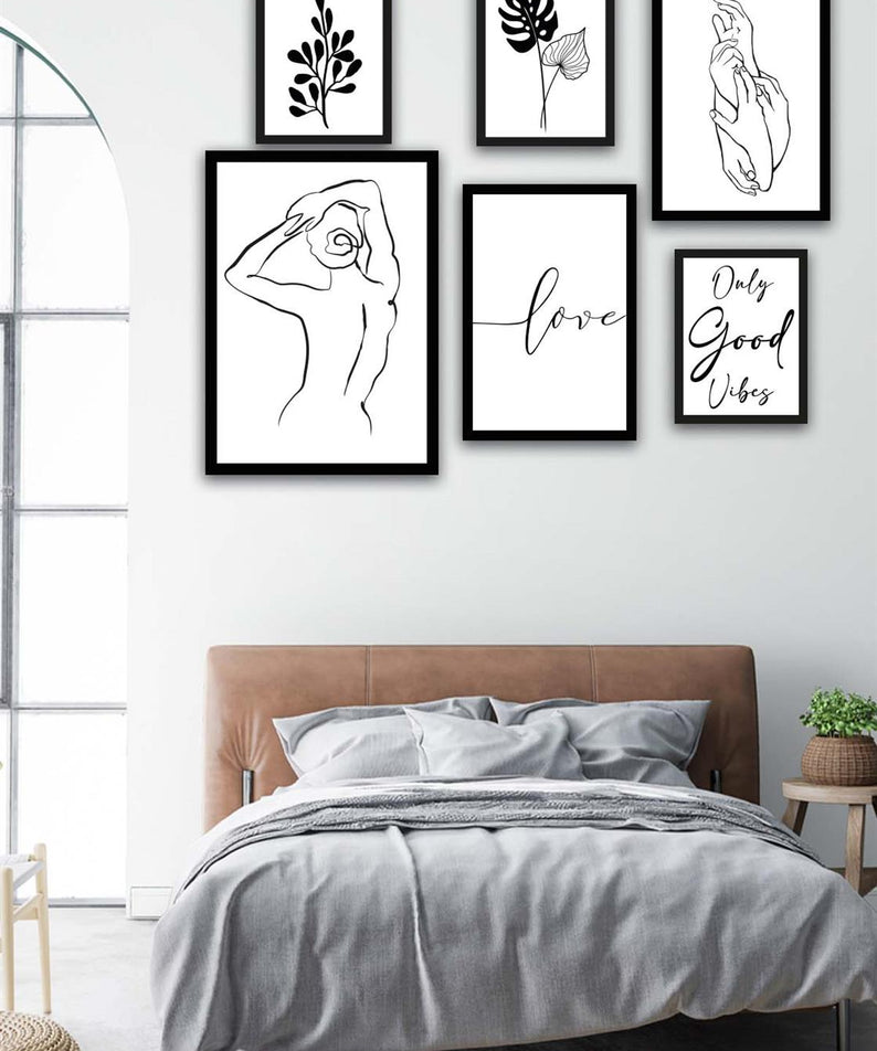 6 Parça Lineart Tarzda Sanatsal Siyah Çerçeve Görünümlü Uv Baskı Mdf Tablo Seti