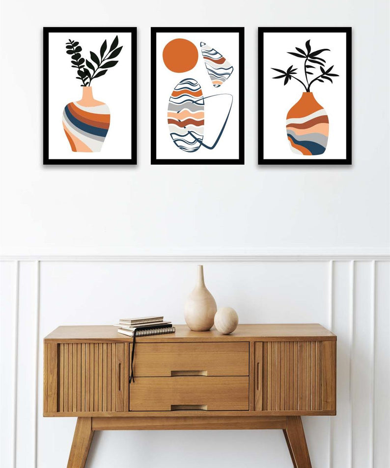 3 Parça Vazo Bohem Tarzında Siyah Çerçeve Görünümlü Dijital Baskı Tablo Seti