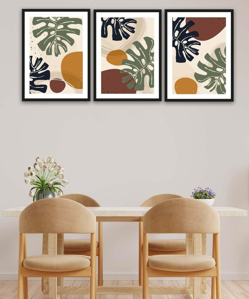 Botanik Yaprak Ve Bohem Tarzında Siyah Çerçeve Görünümlü Ahşap Tablo Seti