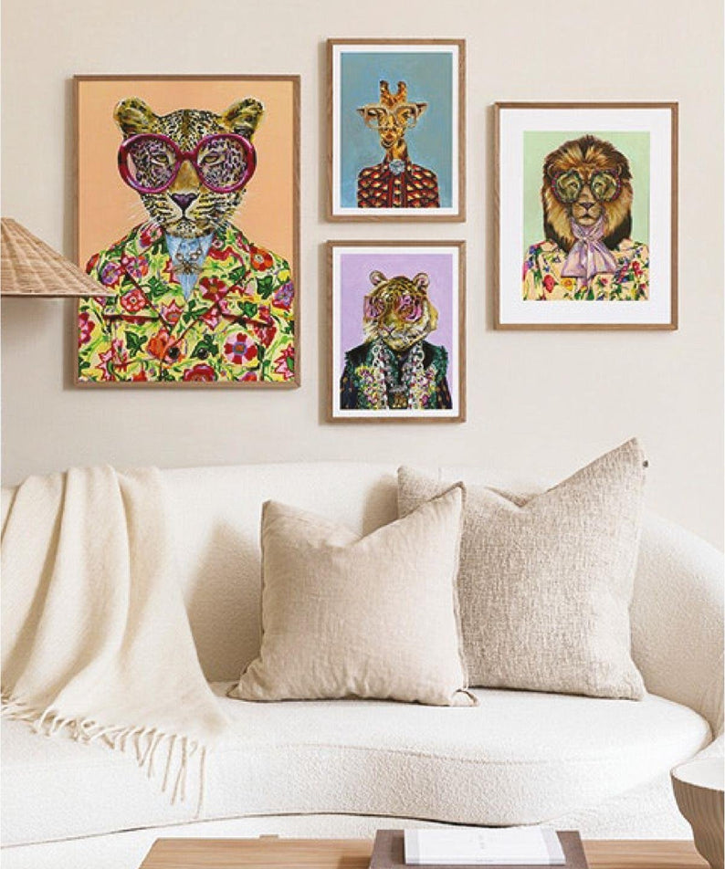Modern Hayvan Temalı Ahşap Çerçeve Görünümlü Tablo Seti