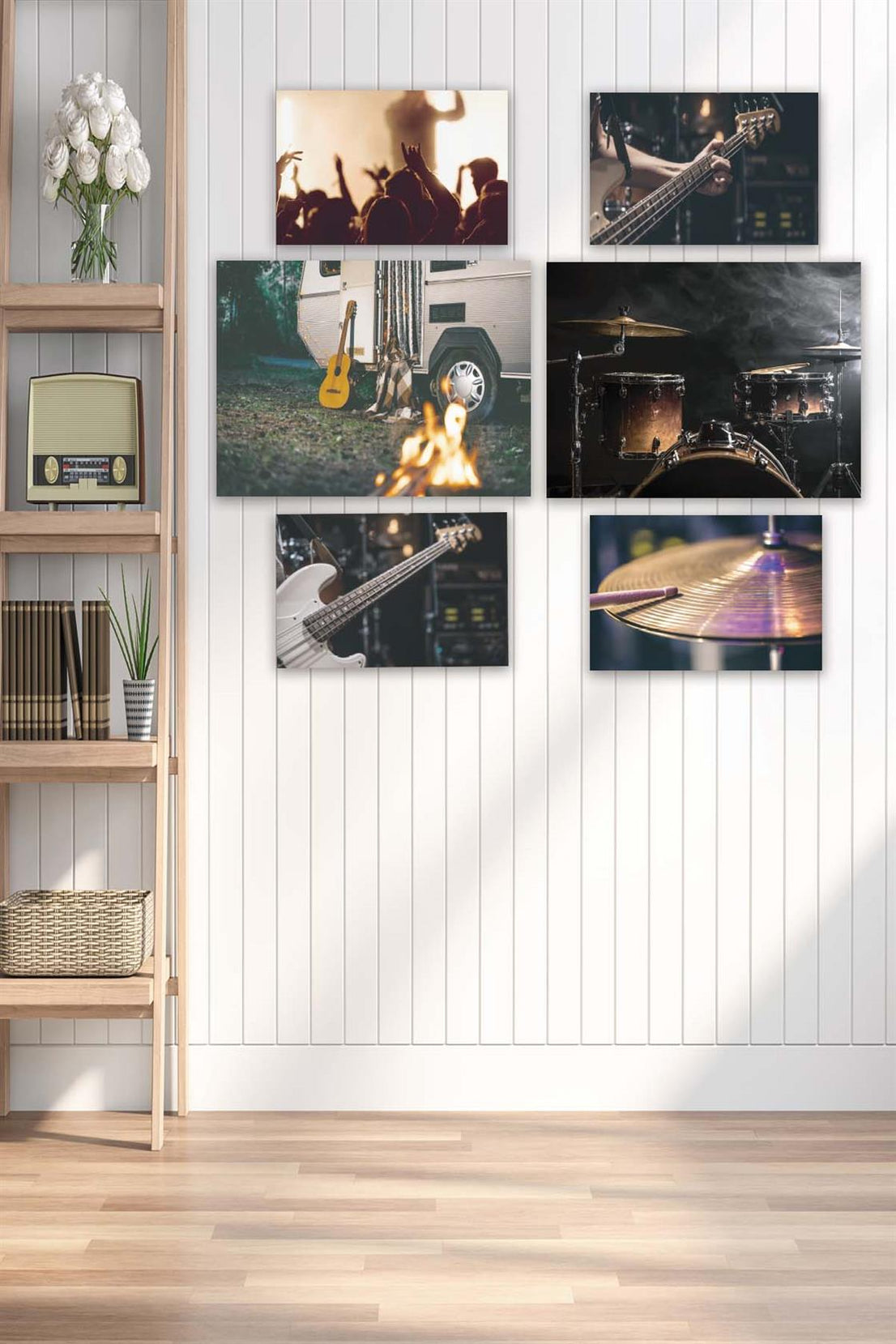 6 Parça Müzik Severlere Özel Gitar Ve Bateri Ahşap Mdf Tablo Seti