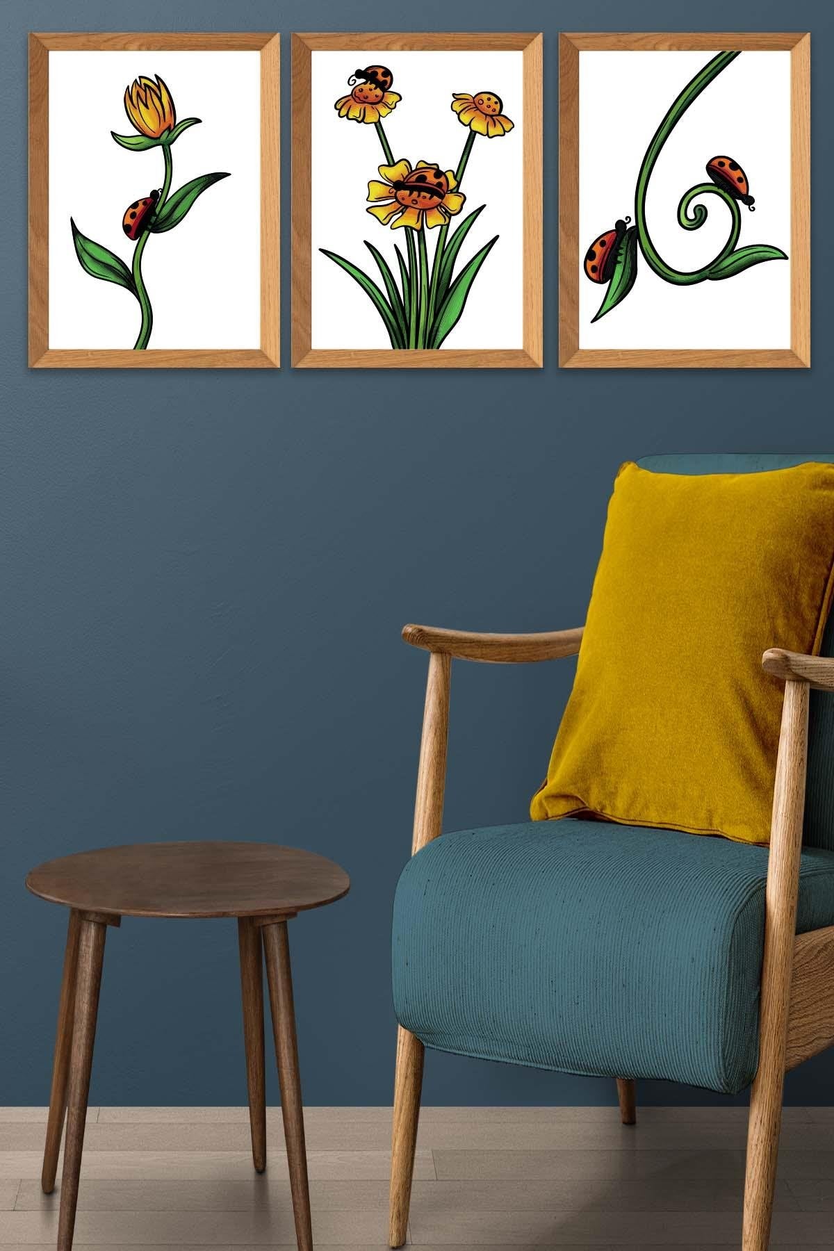 Papatya Tarzında Ahşap Çerçeve Görünümlü Tablo Seti