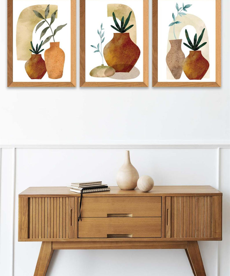 3 Parça Sanatsal Suluboya Bohem Tarzda (Ahşap Çerçeve Görünümlü) Uv Baskı Mdf Tablo Seti