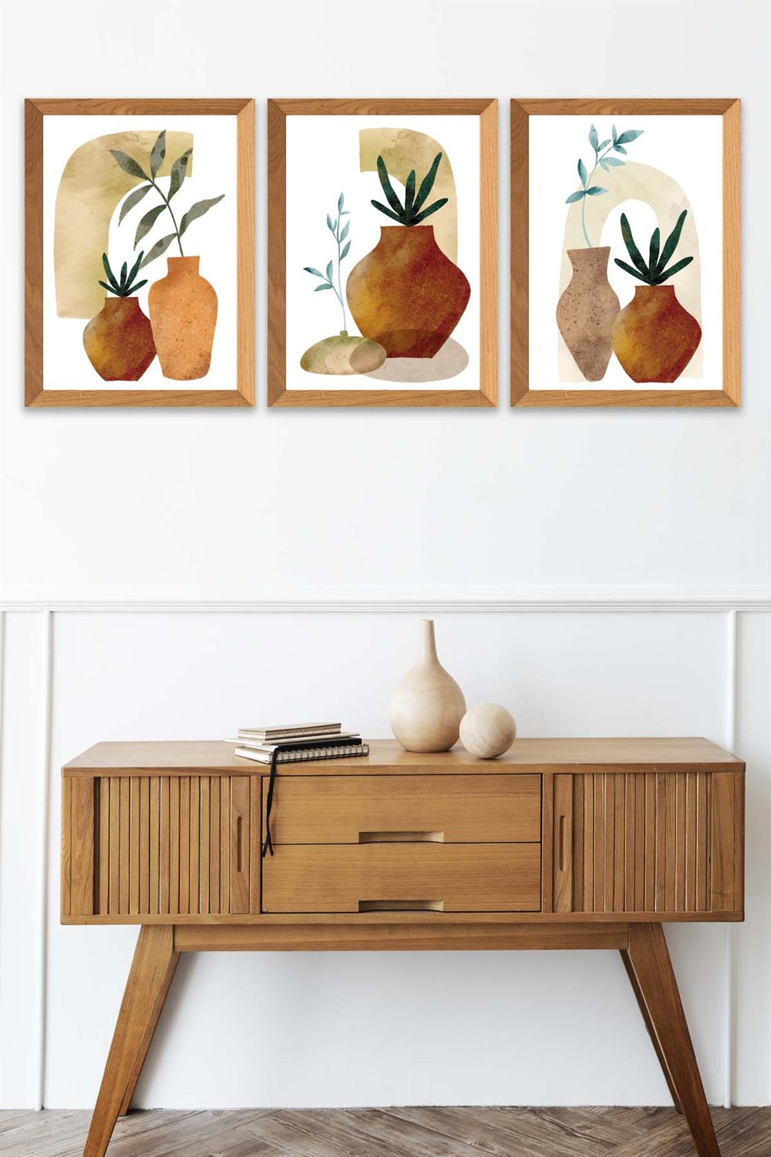 3 Parça Sanatsal Suluboya Bohem Tarzda (Ahşap Çerçeve Görünümlü) Uv Baskı Mdf Tablo Seti