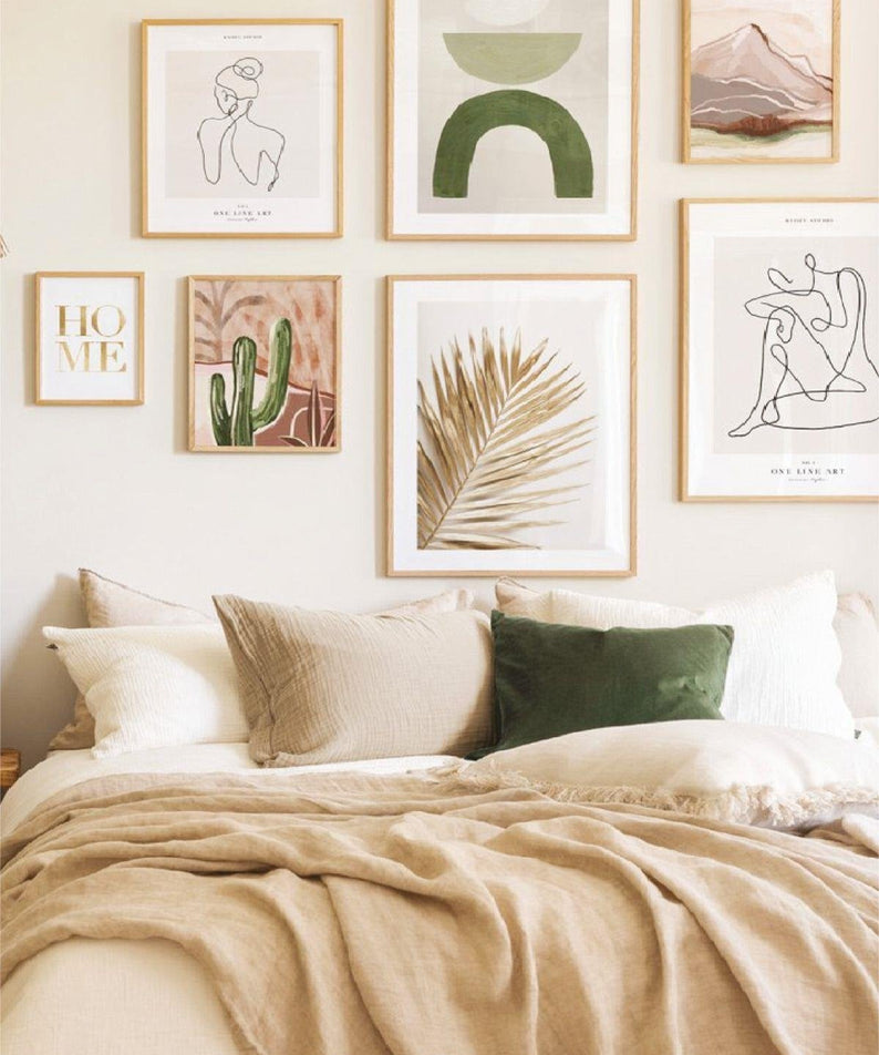 7 Parça Tüy Ve Kaktüs Temalı Ahşap Çerçeve Görünümlü Tablo Seti