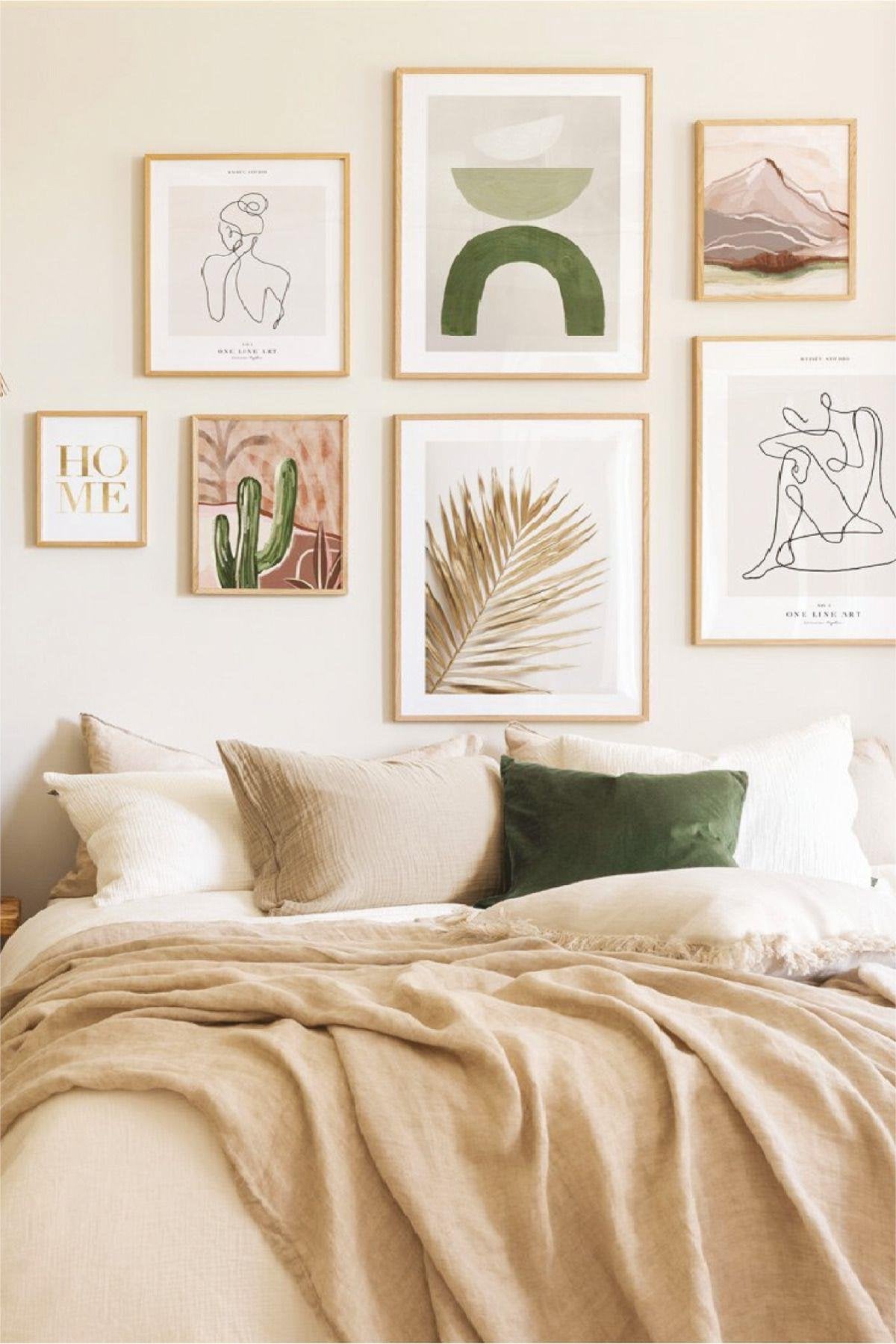 7 Parça Tüy Ve Kaktüs Temalı Ahşap Çerçeve Görünümlü Tablo Seti