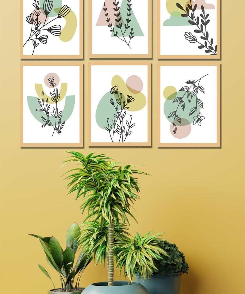 Bohem çiçek tarzı 6'lı sarı çerceve görünümlü tablo seti