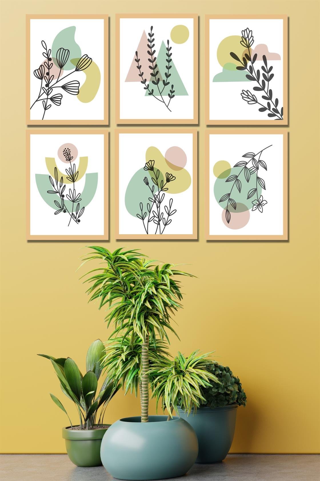 Bohem çiçek tarzı 6'lı sarı çerceve görünümlü tablo seti