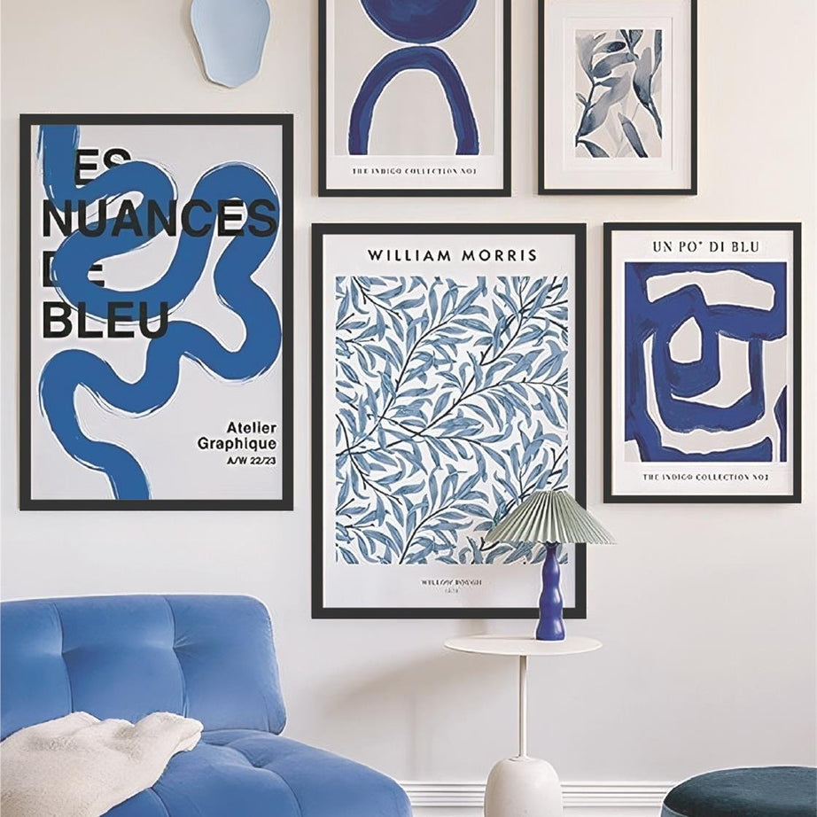 Blue Geometrik Çizgi Ve Çiçekler Temalı Tablo Seti
