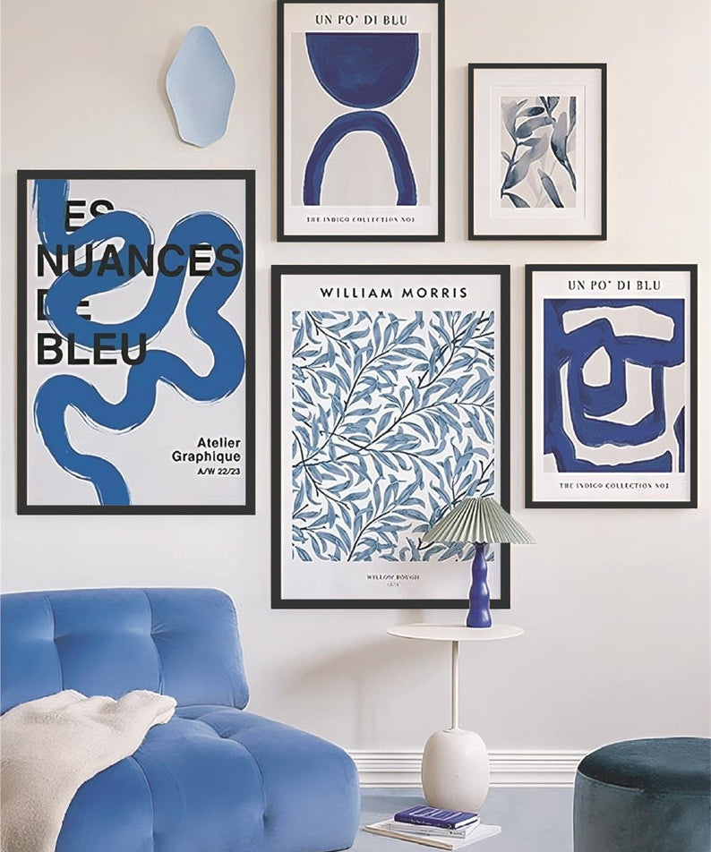 Blue Geometrik Çizgi Ve Çiçekler Temalı Tablo Seti