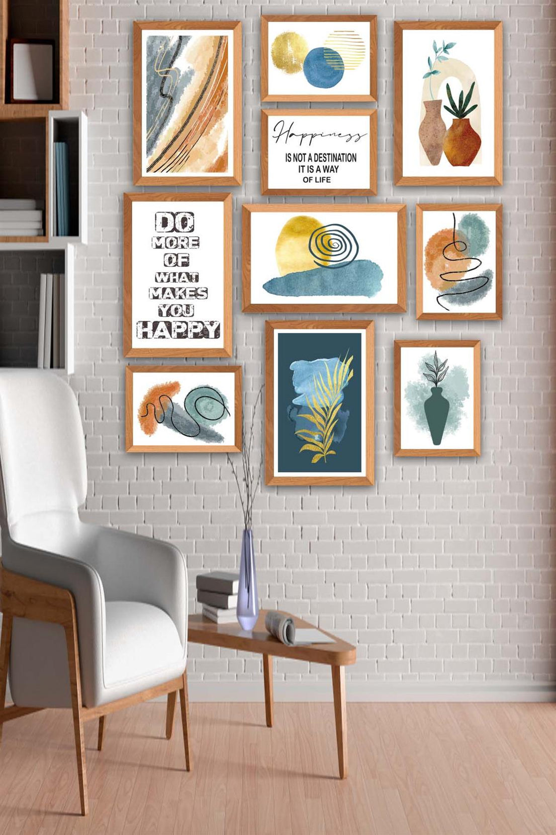 10 Parça Yazı Ve Suluboya Bohem Tarzda (Ahşap Çerçeve Görünümlü) Uv Baskı Tablo Seti