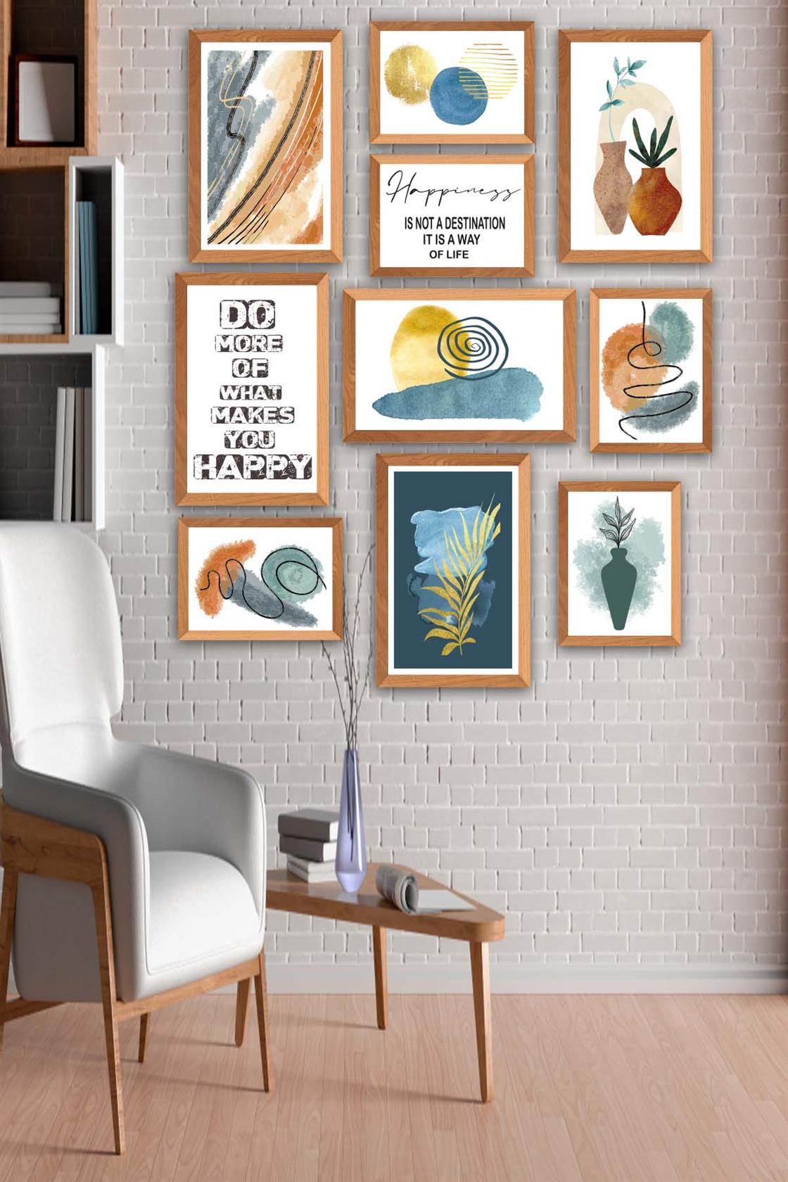 10 Parça Yazı Ve Suluboya Bohem Tarzda (Ahşap Çerçeve Görünümlü) Uv Baskı Tablo Seti