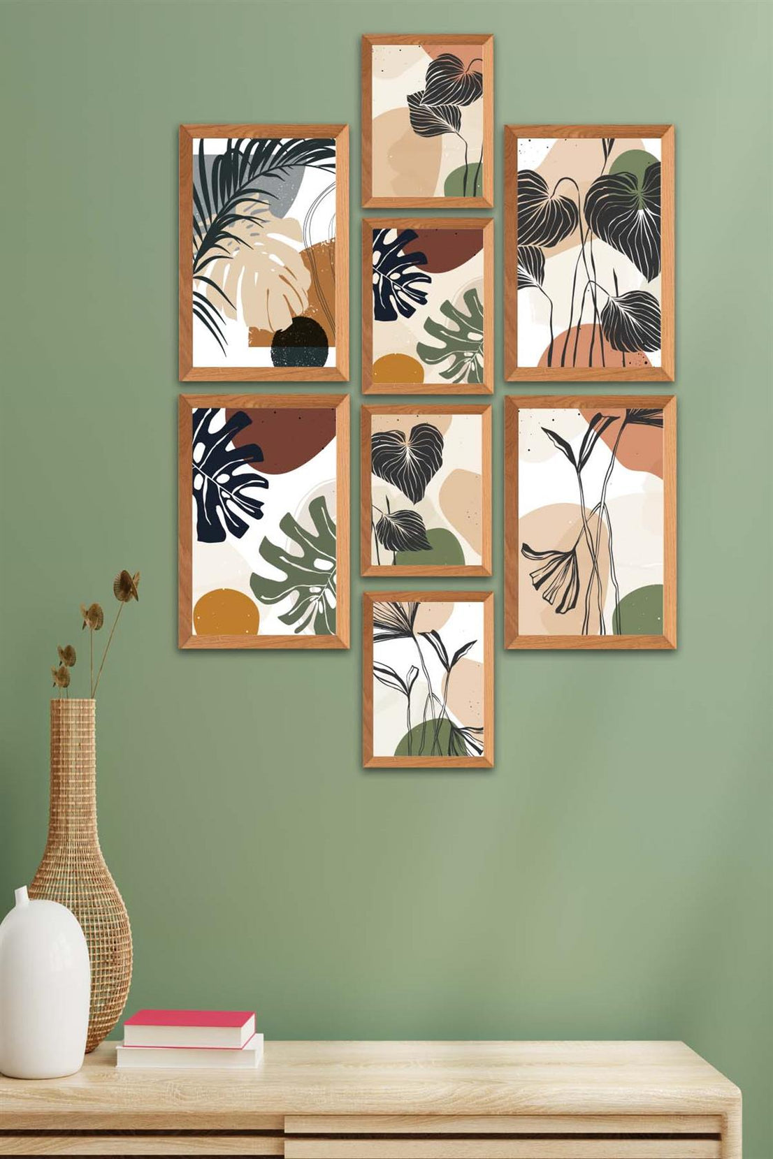 8 Parça Bohem Tarzda Sanatsal Ahşap Çerçeve Görünümlü Uv Baskı Mdf Tablo Seti