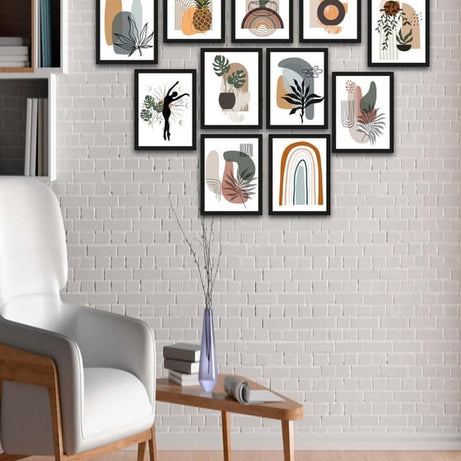 12 Parça Bohem Tarzda Sanatsal Siyah Çerçeve Görünümlü Uv Baskı Mdf Tablo Seti