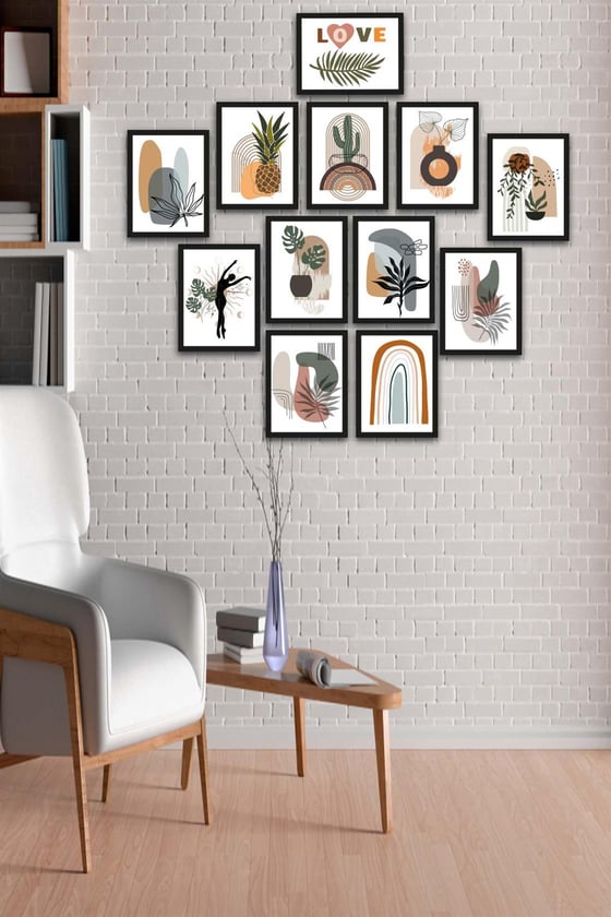 12 Parça Bohem Tarzda Sanatsal Siyah Çerçeve Görünümlü Uv Baskı Mdf Tablo Seti